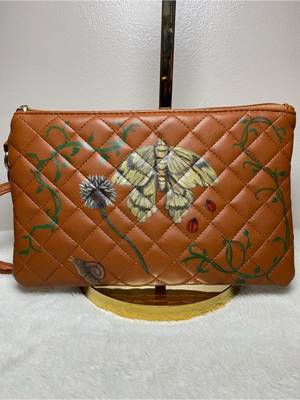 Hand painted Moth Clutch Wristlet - Quilted Vegan Leather NEW